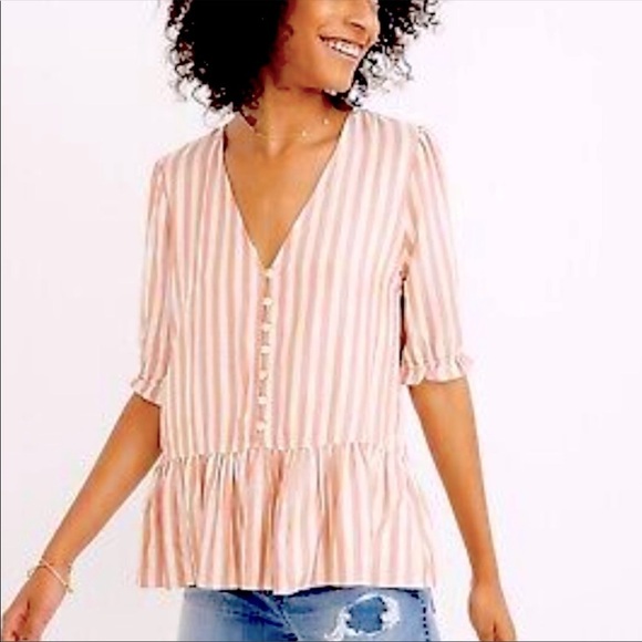 Madewell Tops - Madewell Women’s V-Neck Top Peplum Popover In Stripe In Dried Coral Color SZ XXS